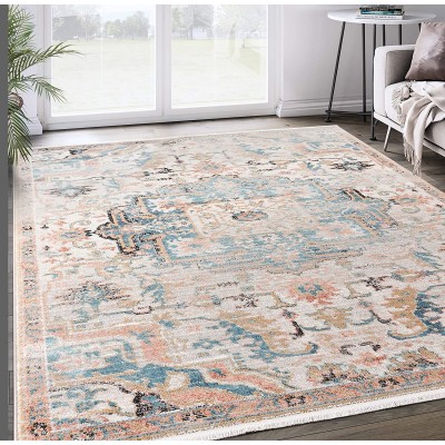 Azure Collection Faded Beige & Blue 5'3" X 7'6" Persian Area Rug Vintage Style Accent Rug by Abani Rugs