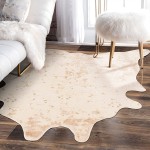 Carvapet Faux Cowhide Shaped Rug Decorative Gold Foil Carpet for Living Room Bedroom Wall Decoration Home Decor Area Rug 5'x6'7 Off-White