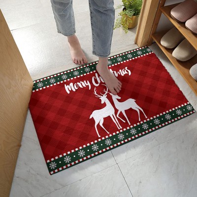 Edwiinsa Bedroom Plush Area Mat Fluffy Christmas Forest Reindeer Shag Rug for Living Room Absorbent Doormat for Indoor Luxury Accent Mat Home Decor 18"x30" Red Check Green and Red Stripes