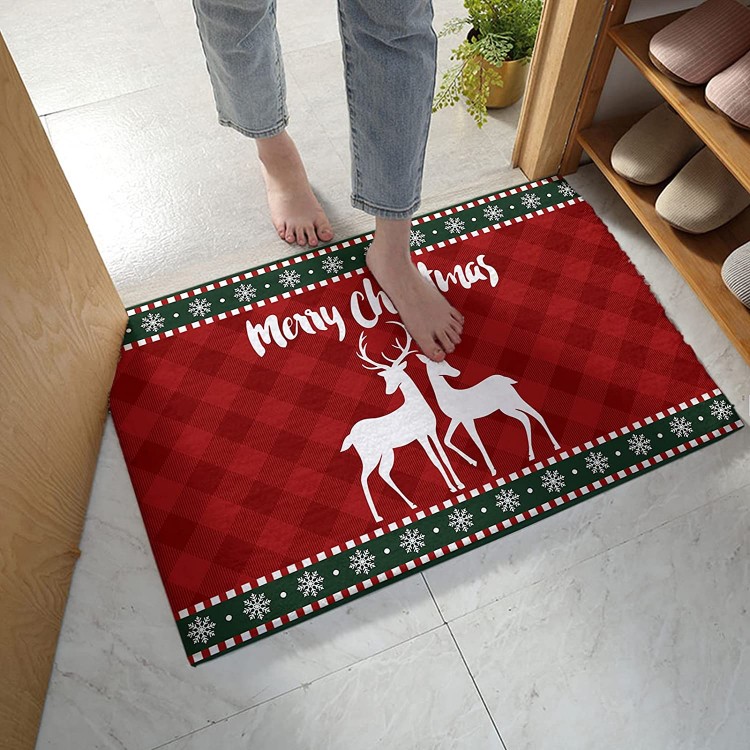 Edwiinsa Bedroom Plush Area Mat Fluffy Christmas Forest Reindeer Shag Rug for Living Room Absorbent Doormat for Indoor Luxury Accent Mat Home Decor 18x30 Red Check Green and Red Stripes
