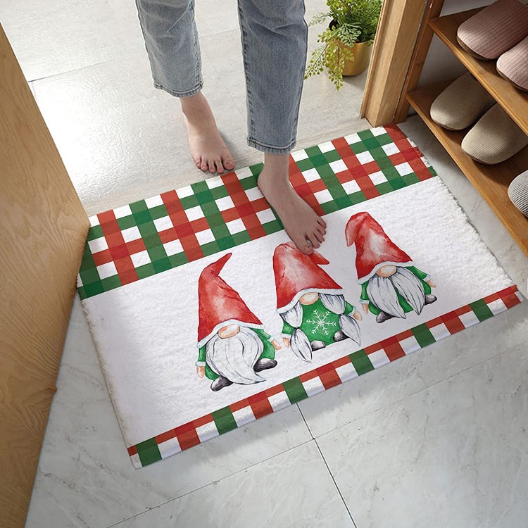 Edwiinsa Bedroom Plush Area Mat Fluffy Christmas Gnomes Shag Area Rug for Living Room Soft and Absorbent Doormat for Indoor Couch Sofa Luxury Accent Home Decor Mat 18x30 Red and Green Check