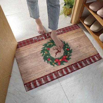 Edwiinsa Bedroom Plush Area Mat Fluffy Christmas Red Check Shag Rug for Living Room Absorbent Doormat for Indoor Luxury Accent Mat Home Decor 24"x35" Pine Tree Wreath Reindeer Rustic Wood Board