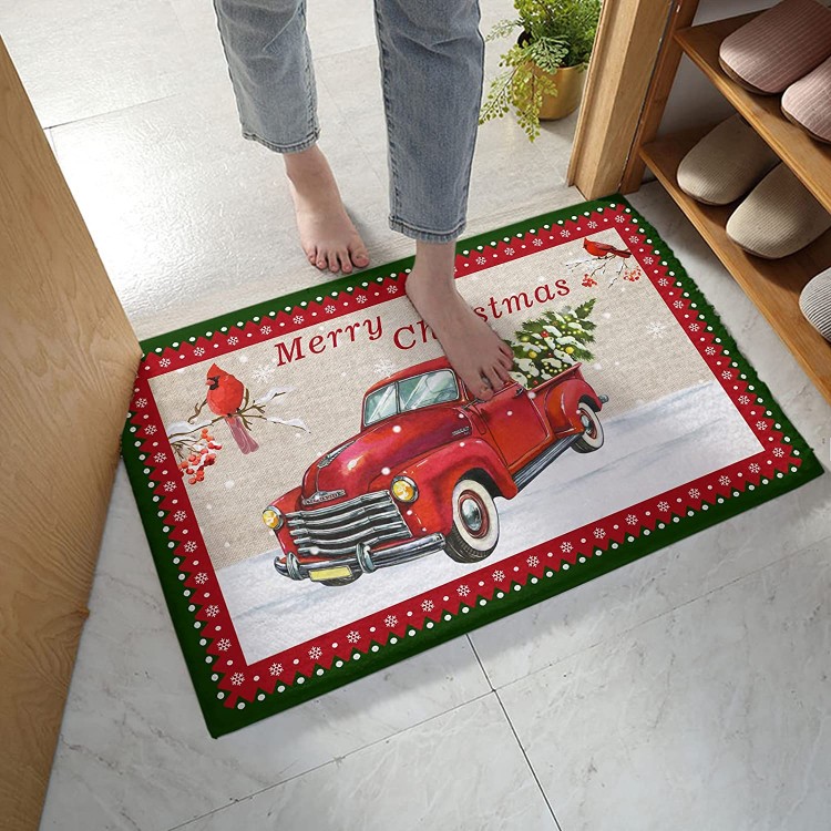 Edwiinsa Bedroom Plush Area Mat Fluffy Christmas Shag Rug for Living Room Absorbent Doormat for Indoor Luxury Accent Mat Home Decor 24x35 Red Truck Pull Xmas Tree Birds Merry Christmas