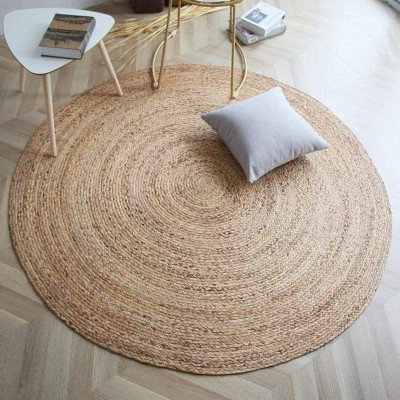 Fernish Decor Handwoven Jute Area Rug 6 ft. Round Natural Yarn Rustic Vintage Beige Braided Reversible Rug Eco Friendly Rugs for Bedroom Kitchen Living Room Farmhouse