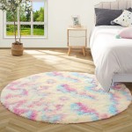 JAMFEEL Fluffy Round Rainbow Rugs for Girls Bedroom Shag Colorful Circle Rug for Living Room Soft Fuzzy Carpets for Princess Room Cute Kids Playmats for Baby Nursery Home Decor 5 Feet