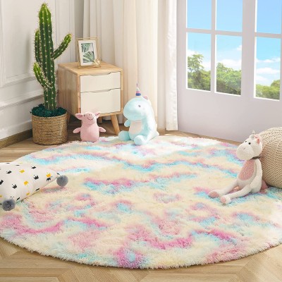 JAMFEEL Fluffy Round Rainbow Rugs for Girls Bedroom Shag Colorful Circle Rug for Living Room Soft Fuzzy Carpets for Princess Room Cute Kids Playmats for Baby Nursery Home Decor 5 Feet