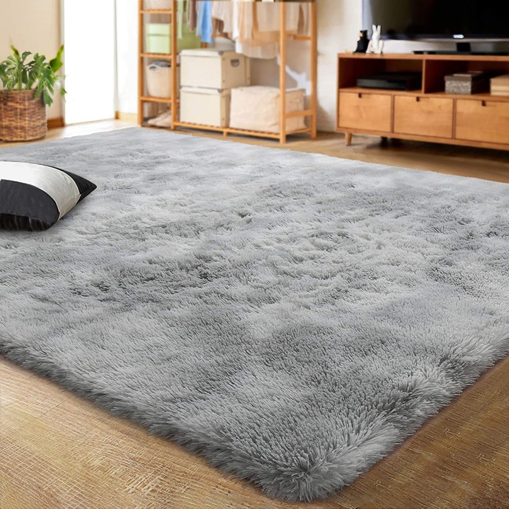 LOCHAS Luxury Velvet Shag Area Rug Modern Indoor Fluffy Rugs Extra Comfy and Soft Carpet Abstract Accent Rugs for Bedroom Living Room Dorm Home Girls Kids 5x8 Feet Light Gray