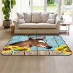 Soft Area Rugs for Bedroom Farm Cute Horse Fresh Sunflower Retro Pastoral Blue Gradient Wood Board Washable Rug Carpet Floor Comfy Carpet Kids Play Mats Runner Rug for Floor Accent Home Decor- 4'x6'
