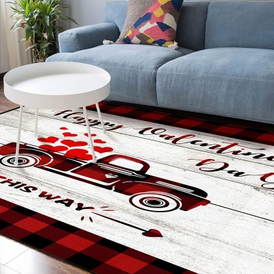Soft Area Rugs for Bedroom Happy Valentine's Day Red Buffalo Plaid Truck Love Heart Wood Grain Washable Rug Carpet Floor Comfy Carpet Kids Play Mats Runner Rug for Floor Accent Home Decor-