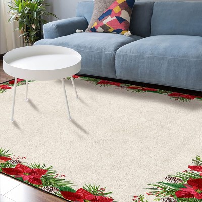 Soft Area Rugs for Bedroom Merry Christmas Awesome Poinsettia Xmas Flower Berry Pine Burlap Texture Washable Rug Carpet Floor Comfy Carpet Kids Play Mats Runner Rug for Floor Accent Home Decor-
