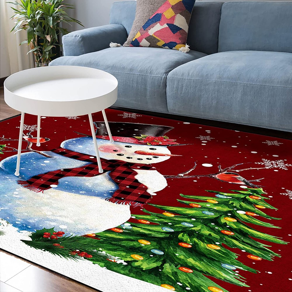 Soft Area Rugs for Bedroom Merry Christmas Cute Snowman Xmas Tree Red Robin Bird Romantic Snowflake Washable Rug Carpet Floor Comfy Carpet Kids Play Mats Runner Rug for Floor Accent Home Decor-
