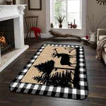 Soft Area Rugs for Bedroom Merry Christmas Elk Xmas Tree Silhouette Retro Black Buffalo Check Plaid Washable Rug Carpet Floor Comfy Carpet Kids Play Mats Runner Rug for Floor Accent Home Decor-