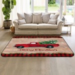 Soft Area Rugs for Bedroom Merry Christmas Xmas Tree Truck Red Buffalo Check Plaid Retro Wood Board Washable Rug Carpet Floor Comfy Carpet Kids Play Mats Runner Rug for Floor Accent Home Decor-