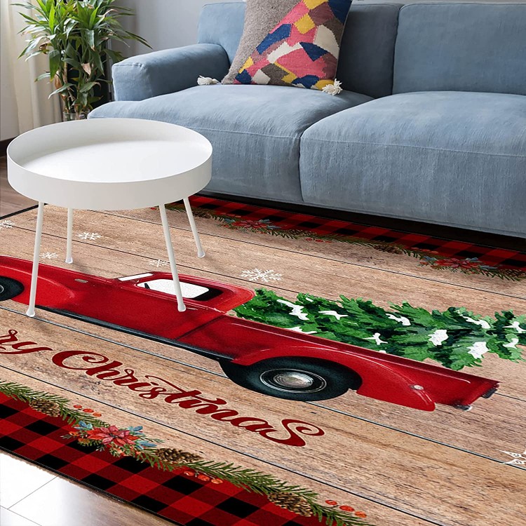 Soft Area Rugs for Bedroom Merry Christmas Xmas Tree Truck Red Buffalo Check Plaid Retro Wood Board Washable Rug Carpet Floor Comfy Carpet Kids Play Mats Runner Rug for Floor Accent Home Decor-
