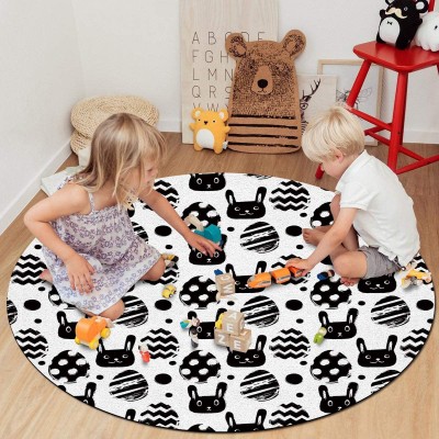 Soft Round Area Rugs for for Sofa Living Room Bedroom 5 ft Diameter Circle Rugs Non-Slip Backing for Kids Bedroom Baby Room Black Mat Handfree Bunny and Easter Eggs Modern Accent Home Decor