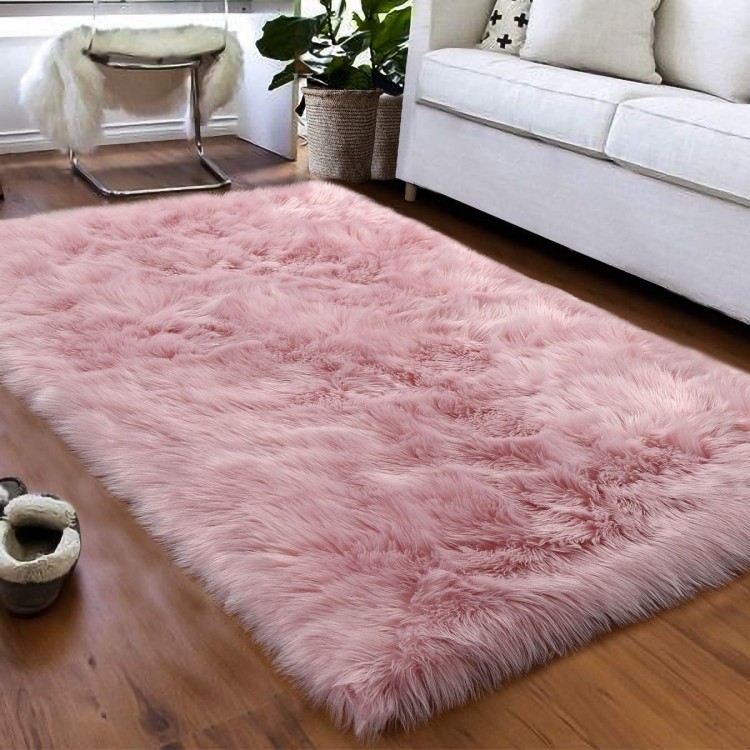 Softlife Fluffy Faux Fur Sheepskin Rugs Luxurious Wool Area Rug for Kids Room Bedroom Bedside Living Room Office Home Decor Carpet 3ft x 5ft Pink