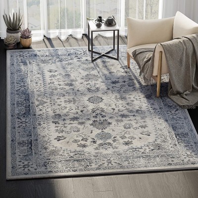 Troy Collection Blue & Ivory Distressed Floral Print Area Rug 7'9" x 10'2" Contemporary Classic Accent Rug by Abani Rugs