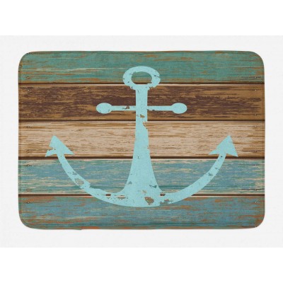 Ambesonne Anchor Bath Mat Timeworn Marine on Weathered Wooden Planks Rustic Nautical Theme Plush Bathroom Decor Mat with Non Slip Backing 29.5" X 17.5" Teal Brown
