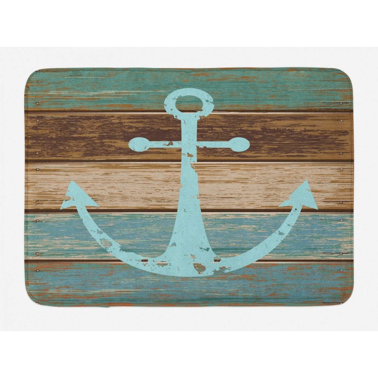 Ambesonne Anchor Bath Mat Timeworn Marine on Weathered Wooden Planks Rustic Nautical Theme Plush Bathroom Decor Mat with Non Slip Backing 29.5 X 17.5 Teal Brown