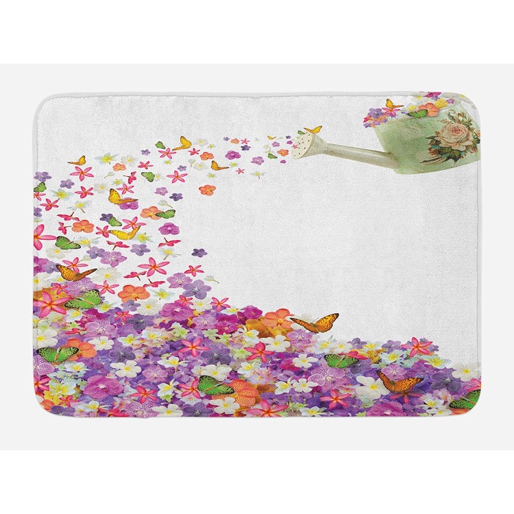 Ambesonne Floral Bath Mat Butterflies Narcissus Flowers Violets and Pansies Pouring Out from Old Watering Can Plush Bathroom Decor Mat with Non Slip Backing 29.5 X 17.5 Green Yellow
