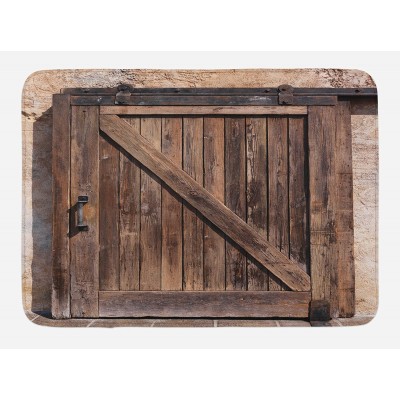 Ambesonne Rustic Bath Mat Aged Wooden Sliding Barn Door with Vintage Texture Architectural Farm House Print Plush Bathroom Decor Mat with Non Slip Backing 29.5" X 17.5" Beige Brown
