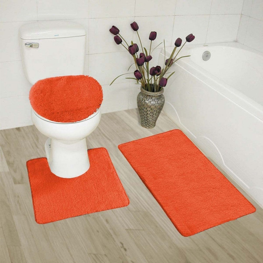 Elegant Home 3 Piece Bathroom Rug Set Bath Rug Contour Mat & Lid Cover Non-Slip with Rubber Backing Solid Color # Angela Orange