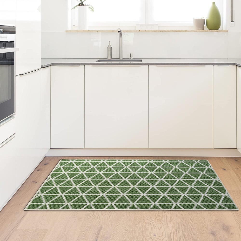 iCustomRug Decorative Kitchen or Bathroom Mat Non-Skid Machine Washable Interior Accent Mat 26x 45 Hexagonal Geometric Shape Green