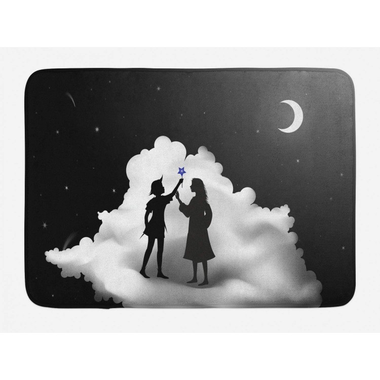 Lunarable Neverland Bath Mat Peter Pan Story Pan and Wendy Standing on Clouds Moon Night Dream Plush Bathroom Decor Mat with Non Slip Backing 29.5 X 17.5 White Grey