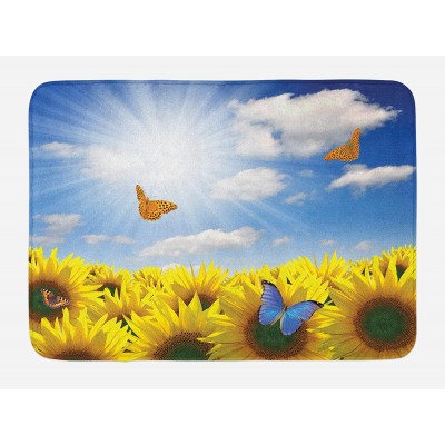 Lunarable Sunflower Bath Mat Sunflowers in Meadow with Butterflies Floral Image Country Style Home Design Plush Bathroom Decor Mat with Non Slip Backing 29.5" X 17.5" Yellow Blue