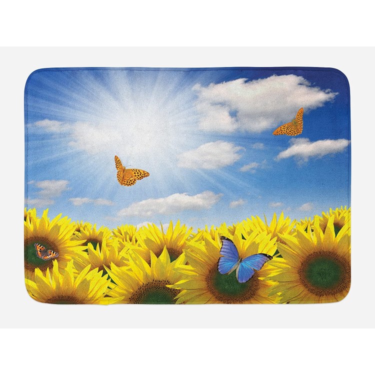Lunarable Sunflower Bath Mat Sunflowers in Meadow with Butterflies Floral Image Country Style Home Design Plush Bathroom Decor Mat with Non Slip Backing 29.5 X 17.5 Yellow Blue
