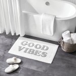 mDesign Soft 100% Cotton Luxury Bath Mat Rug Extra Plush Water Absorbent Fun Good Vibes Saying Accent Rug with Writing for Bathroom Vanity Floor Tub and Shower; 34 x 21 Gray White