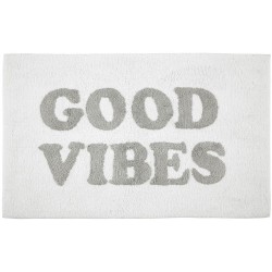 mDesign Soft 100% Cotton Luxury Bath Mat Rug Extra Plush Water Absorbent Fun Good Vibes Saying Accent Rug with Writing for Bathroom Vanity Floor Tub and Shower; 34" x 21" Gray White