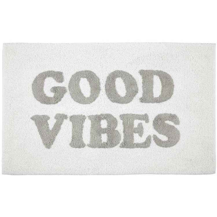 mDesign Soft 100% Cotton Luxury Bath Mat Rug Extra Plush Water Absorbent Fun Good Vibes Saying Accent Rug with Writing for Bathroom Vanity Floor Tub and Shower; 34 x 21 Gray White