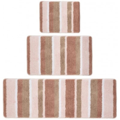 mDesign Soft Microfiber Polyester Spa Rugs for Bathroom Vanity Tub Shower Water Absorbent Machine Washable Plush Non-Slip Rectangular Accent Rug Mat Striped Design Set of 3 Sizes Light Pink