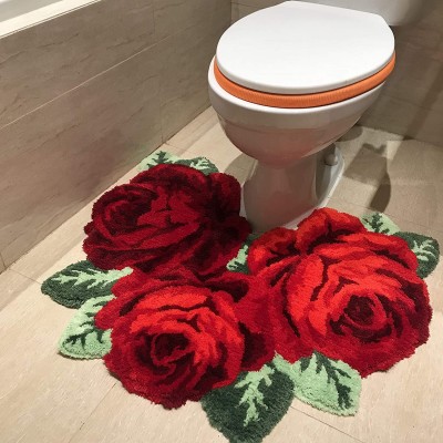 USTIDE Shaggy Bathroom Rug Toilet Rugs U Shaped Red Rose Plush Water Absorbent Accent Rug for Bathroom Vanity Christmas Carpet Decor Bathtub Shower Machine Washable，31" by 24"