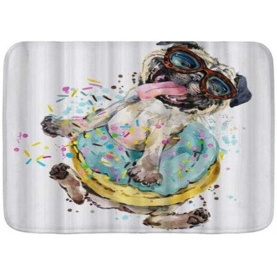 WINCAN Bath Mat Rug,Watercolor Cute Little Pug Dog with Donuts,Plush Bathroom Decor Mats with Non Slip Backing,29.5" X 17.5"