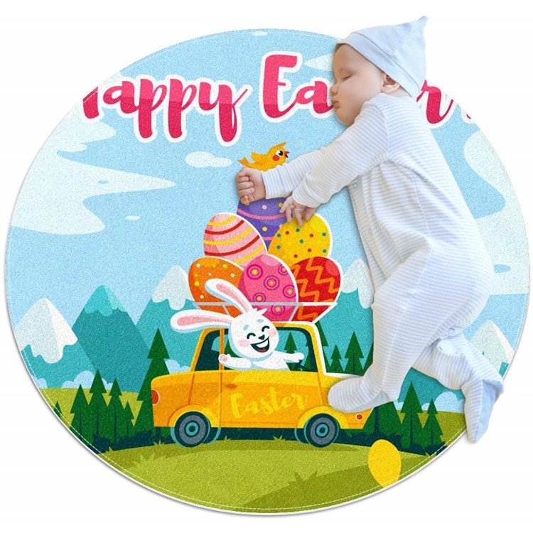 Funny Rabbit Happy Easter Round Indoor Outdoor Area Rugs Runner Rug Non-Slip Backing Floor Carpet for Sofa Living Room Bedroom Modern Accent Home Decor 39.4in