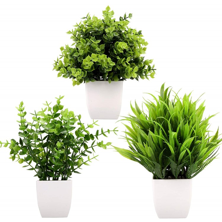 Greentime 3Pack Mini Fake Plants in Pots,Artificial Plastic Eucalyptus Plants,Wheat Grass Potted Faux Plants Indoor for Office Desk Coffee Table Bathroom Bedroom Home Decorations