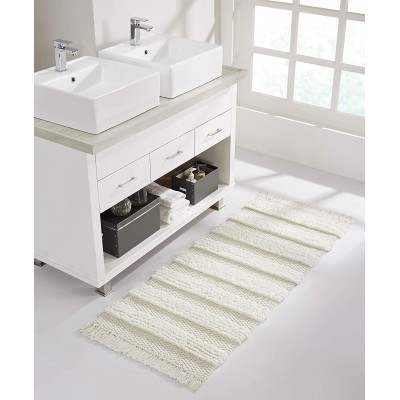 VCNY Home Savannah Collection Bath Rug Runner-Boho Fringe Striped Design-for Bathroom Hallway or Kitchen Use 24" x 60" White