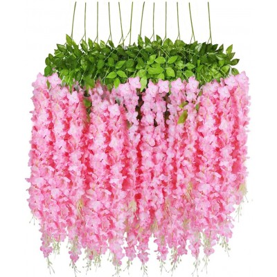 12pcs 3.6 Feet Piece Artificial Fake Wisteria Vine Ratta Hanging Garland Silk Flowers String Home Party Wedding Decor Pink