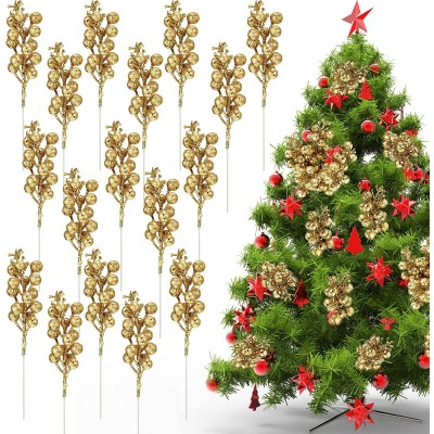 24 Pieces Christmas Glitter Berries Stems 7.8 Inch Artificial Christmas Picks Gold Christmas Tree Decorations for Christmas Tree Filler Ornaments DIY Xmas Wreath Winter Holiday and Home Decor