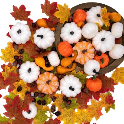 260PCS Fall Decorations for Home | Assorted Harvest Artificial Pumpkins Gourds Maple Leaves Acorns Pine Cones Bulk | Farmhouse Fall Halloween Thanksgiving Table Decorations Home Kitchen Decor