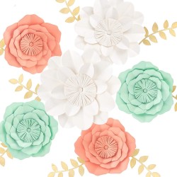 3D Paper Flower Decorations Giant Paper Flowers Large Handcrafted Paper Flowers Mint Coral White Set of 6 for Wedding Backdrop Bridal Shower Table Centerpieces Nursery Wall Decor