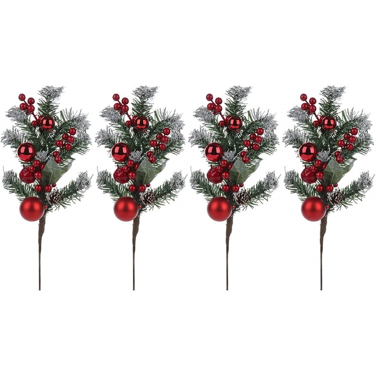 4Pcs Pine Snowy Flower Picks,Snow Flocked Holly Christmas red Berry Pinecone Ball Stem,Faux Berry Spray Sprigs Twigs,Artificial Fruit Plant Flower for Christmas Tree Crafts Holiday Home Decor-19in