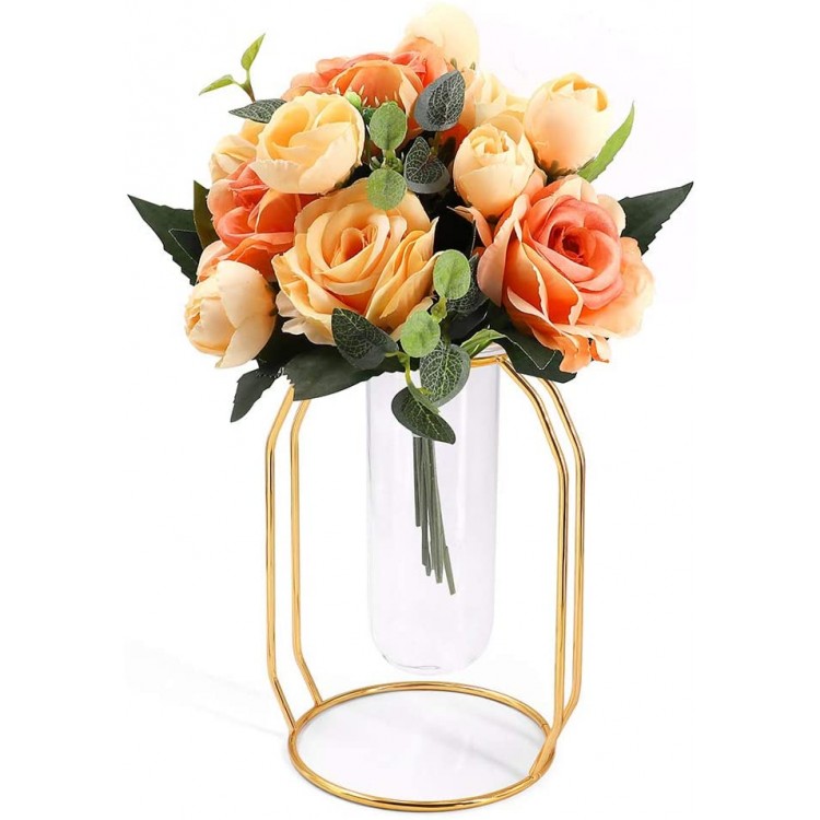 ANZOME Artificial Silk Rose Arrangement Fake Orange Brazil Roses Bouquet in Gold Vase Set Realistic Faux Flowers for Dorm Office Home Wedding Party Decor Table Centerpieces