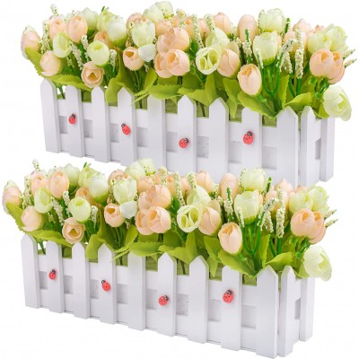 Artificial Flower Plants Roses and Rosebuds in Picket Fence Pot for Indoor Office Wedding Home Decor Light Green & Champagne Set of 2