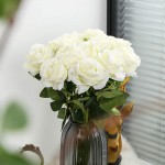 Artificial Flowers,12PCS White Artificial Silk Flowers Realistic Roses Bouquet Christmas Ornaments Wedding Party Home Decor White 1