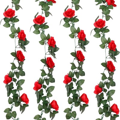 Artificial Rose Garlands Rose Vines Leaves Hanging Garlands Fake Rose Flower Vine Home Wedding Party Decor 14.4 ft Red,2 Pieces