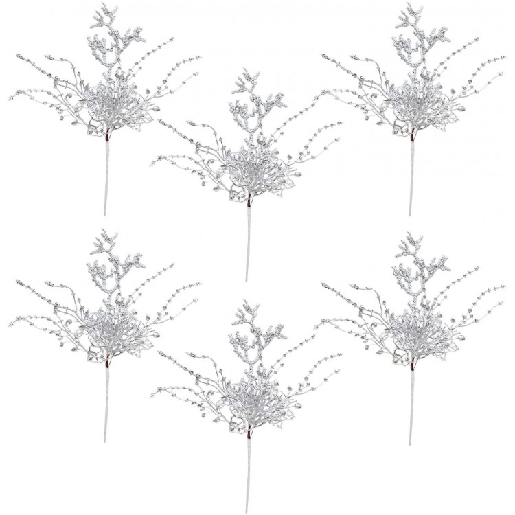 Atiflr 6 Pack Silver Christmas Picks 13 Inch Artificial Flower for Christmas Tree Ornaments DIY Xmas Wreath Crafts Holiday and Home Decor