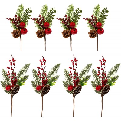 Christmas Pinecone Berry Apple Picks 8 Pieces Lightly Snow Flocked Pine Cone Floral Sprays – DIY for Holiday Crafts Party Festive Home Décor